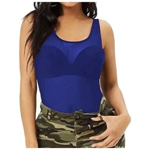 Tops - Women's Sheer Mesh Tank Tops, See Through Scoop Neck Blue Size L